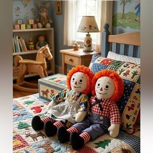 Vintage Homemade Raggedy Ann & Andy Embroidered Doll Pair